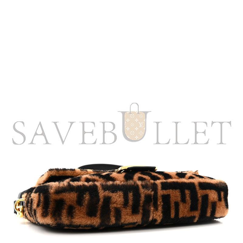 FENDI SHEARLING VITELLO DOLCE MACRO FF 1974 BAGUETTE TOBACCO BLACK (27*15*6cm)